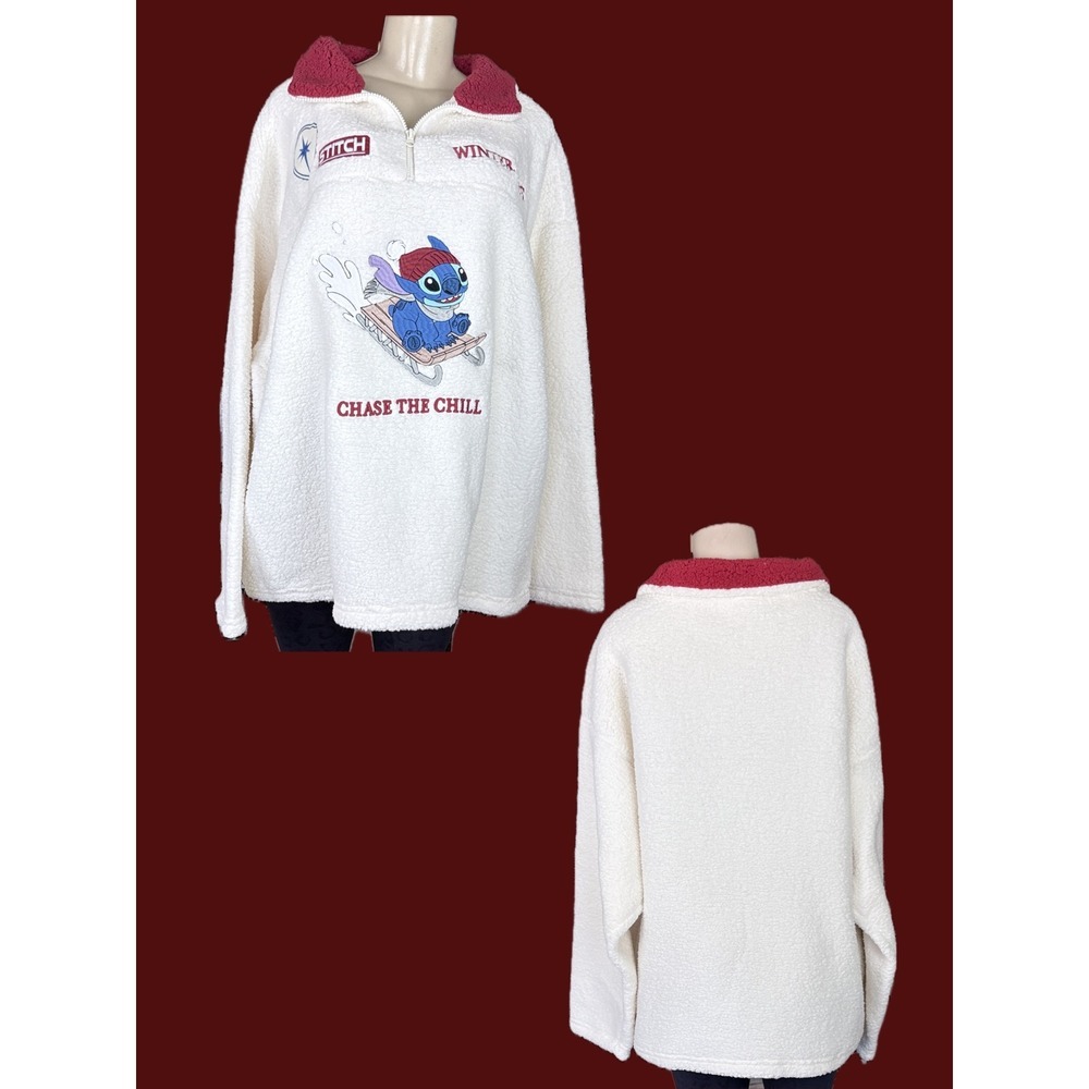 Disney XL Off-White Stitch Sledding Sherpa Quarter Zip Pullover Long Sleeve